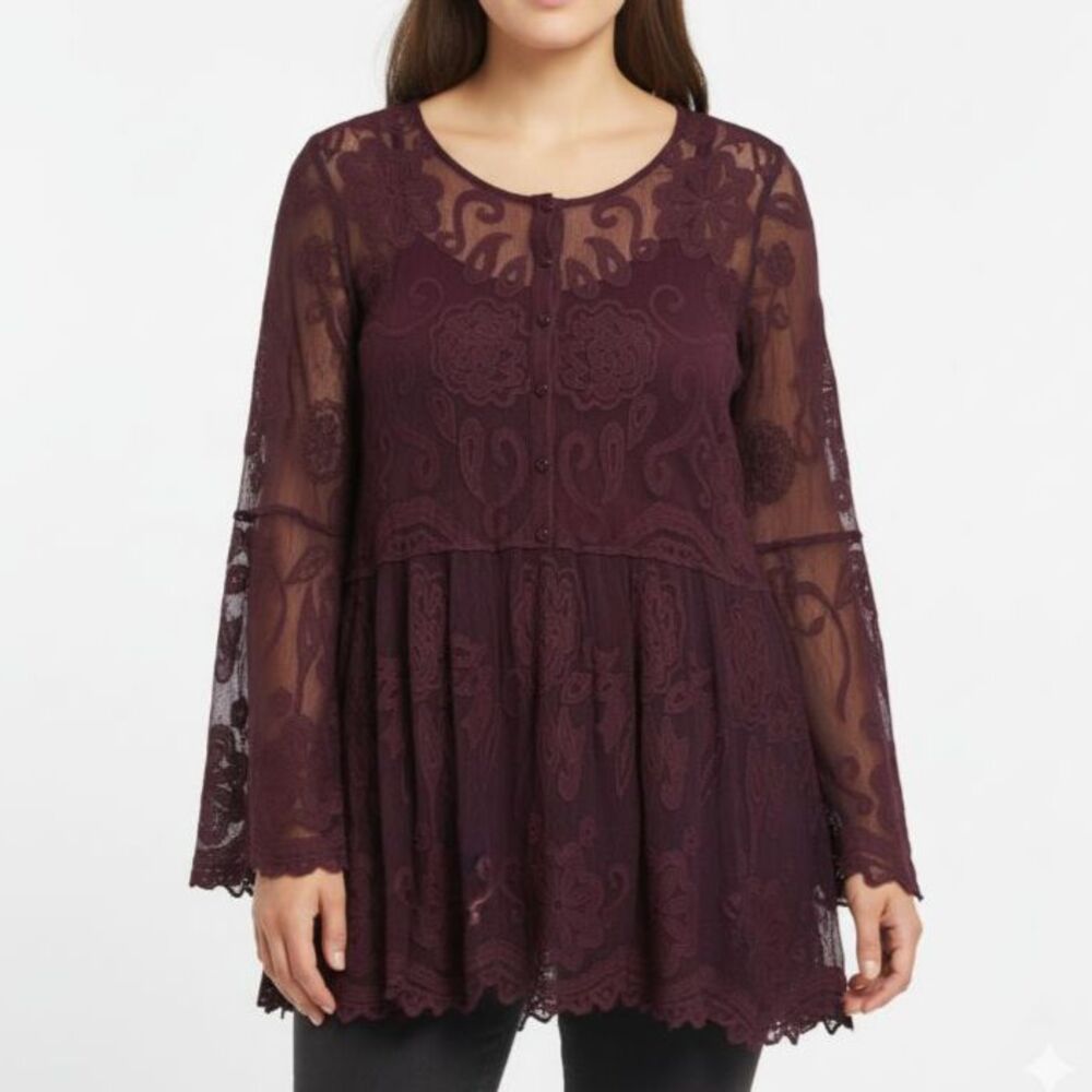 Lane Bryant Women's Burgundy Embroidered Lace Babydoll LS Top Size 14/16